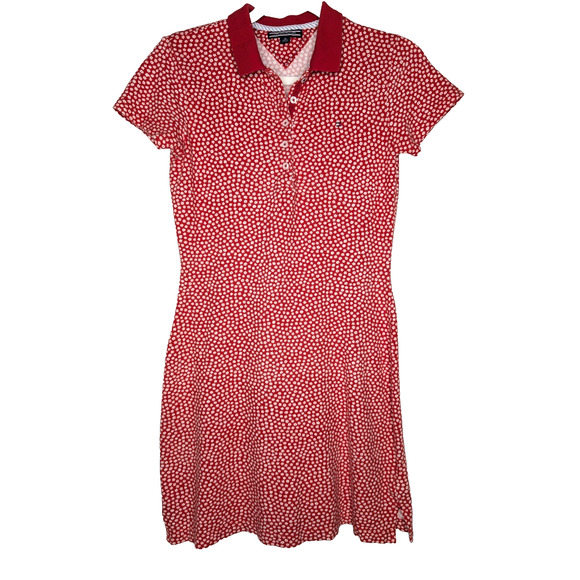 90s Y2K Tommy Hilfiger Red Ditsy Floral Print Preppy Polo Mini Dress XS - Picture 1 of 8